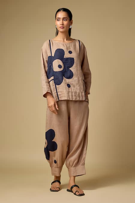 Linen Bloom Floral Embroidered Top & Pant Set 