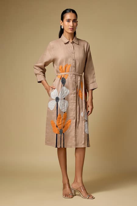 Linen Bloom Floral Embroidered Midi Dress 