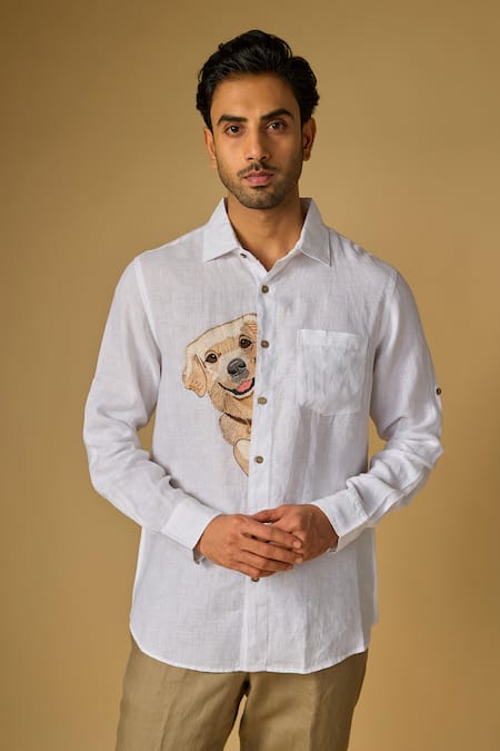Linen Bloom Dog Placement Embroidered Shirt 