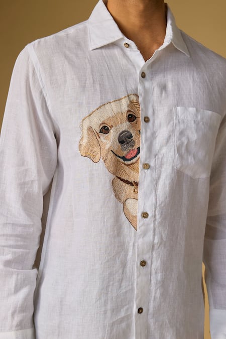 Linen Bloom Dog Placement Embroidered Shirt 