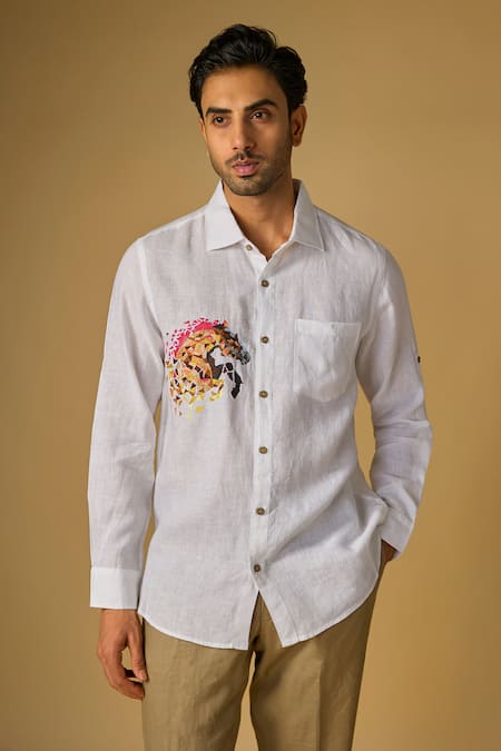 Linen Bloom Abstract Horse Placement Embroidered Shirt 