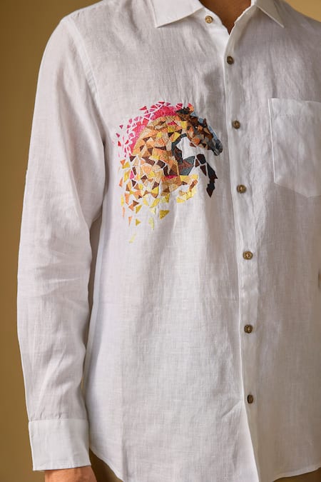 Linen Bloom Abstract Horse Placement Embroidered Shirt 