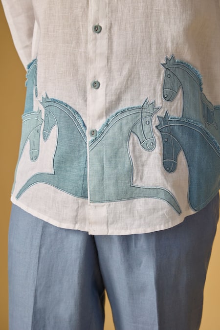 Linen Bloom Denim Horse Embroidered Shirt 