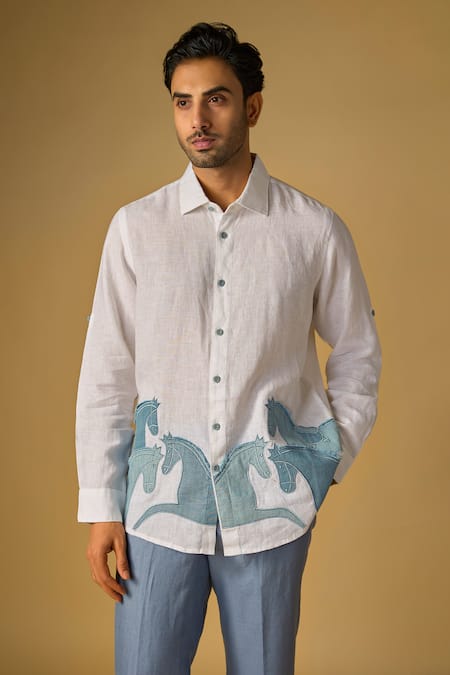Linen Bloom Denim Horse Embroidered Shirt 