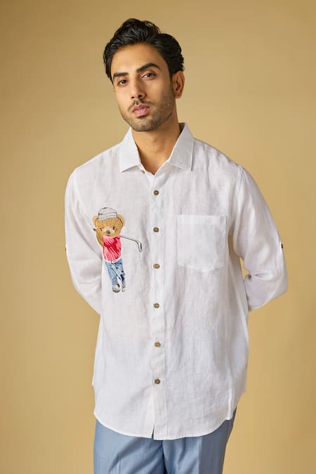 Linen Bloom Golfer Teddy Placement Embroidered Shirt 