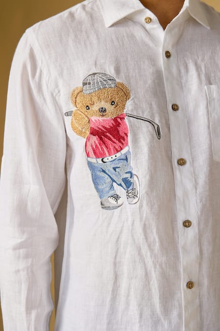 Linen Bloom Golfer Teddy Placement Embroidered Shirt 