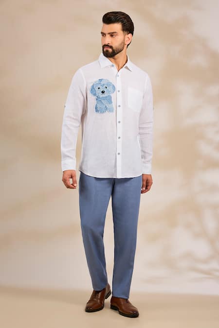 Linen Bloom Denim Dog Placement Embroidered Shirt 