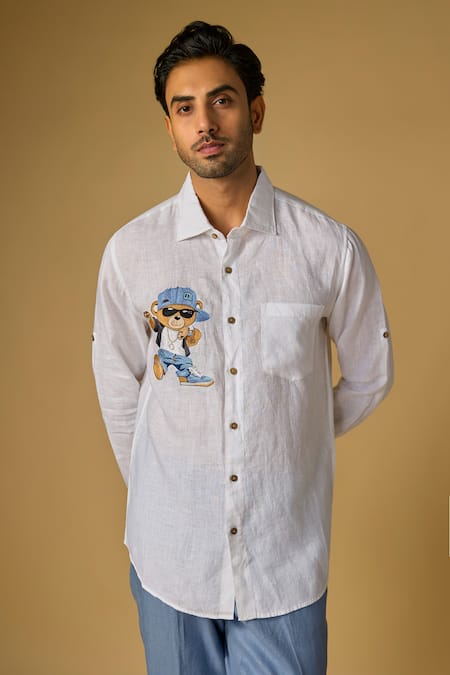 Linen Bloom Teddy Placement Embroidered Shirt 