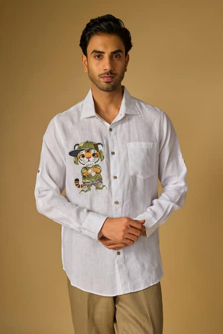 Linen Bloom Safari Tiger Placement Embroidered Shirt 