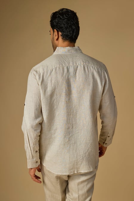 Linen Bloom Standing Dogs Placement Embroidered Shirt 