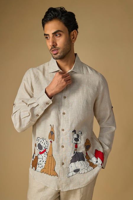 Linen Bloom Standing Dogs Placement Embroidered Shirt 