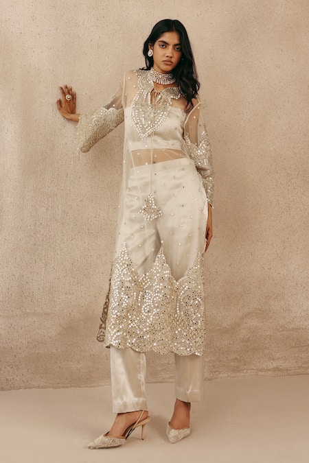 Shop_Twenty Nine_Silver Brocade Embroidery, Sequins, Pearls, Stones, Mirrors Bandeau Cropped Top _Online_at_Aza_Fashions