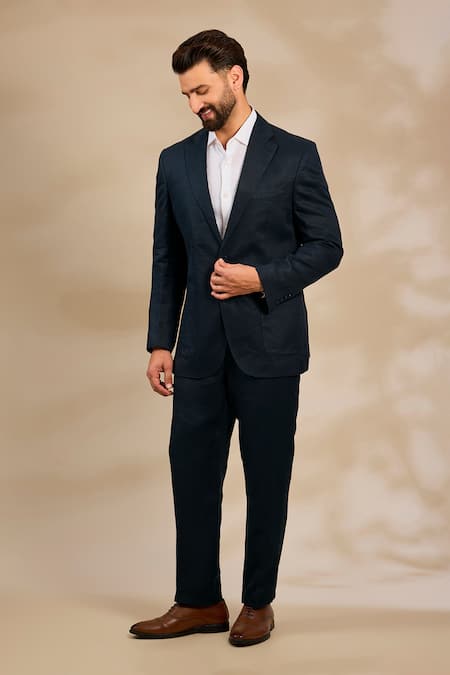 Linen Bloom_Blue Linen, Viscose, Polyester Notched Lapel Collar Blazer _Online_at_Aza_Fashions