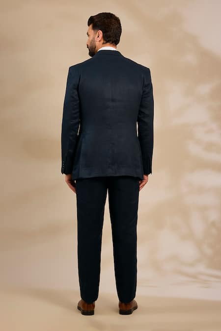 Shop_Linen Bloom_Blue Linen, Viscose, Polyester Notched Lapel Collar Blazer _Online_at_Aza_Fashions