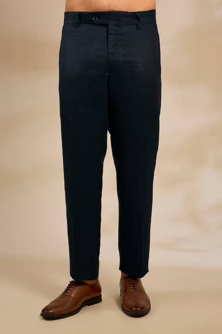 Buy_Linen Bloom_Blue Linen Straight Trouser _Online_at_Aza_Fashions