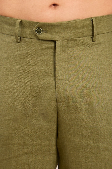 Buy_Linen Bloom_Green Linen Plain Trouser _Online_at_Aza_Fashions