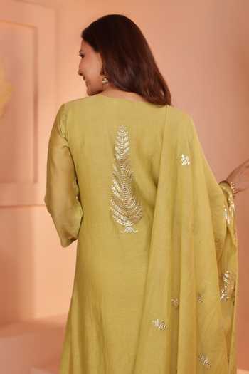 Karaj Jaipur Olive Green Mul Chanderi Kurta Set 