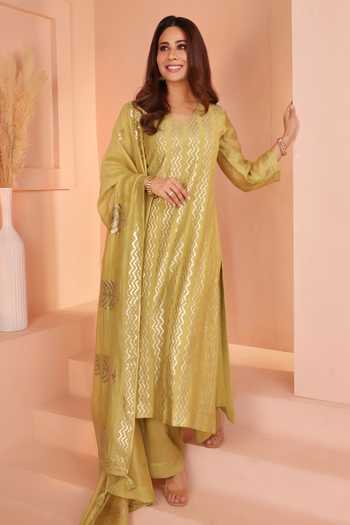 Karaj Jaipur Olive Green Mul Chanderi Kurta Set 
