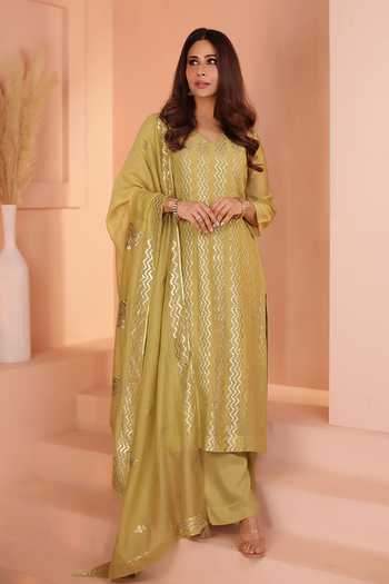 Buy Karaj Jaipur Olive Green Chanderi, Shantoon Mul Kurta Set Online at Aza Fashions Buy_Karaj Jaipur_Olive Green Chanderi, Shantoon Mul Kurta Set _Online_at_Aza_Fashions