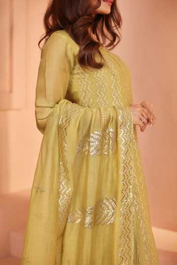 Shop Karaj Jaipur Olive Green Chanderi, Shantoon Mul Kurta Set Online at Aza Fashions Shop_Karaj Jaipur_Olive Green Chanderi, Shantoon Mul Kurta Set _Online_at_Aza_Fashions
