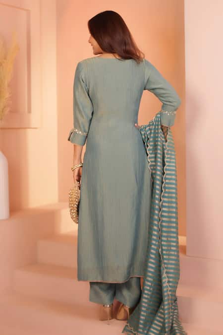 Karaj Jaipur Dusty Teal Crushed Tissue Kurta Set 
