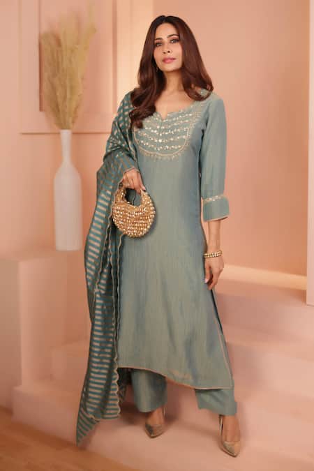 Karaj Jaipur Dusty Teal Crushed Tissue Kurta Set 