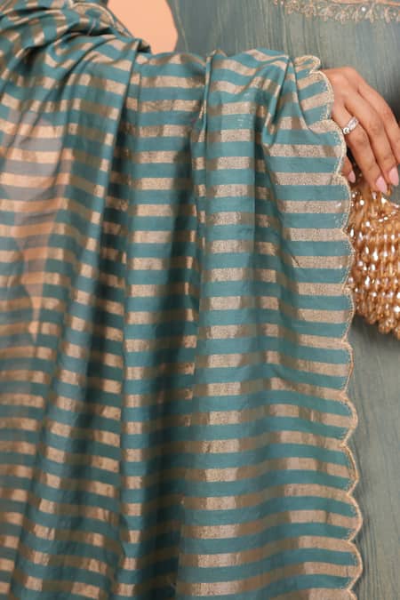 Buy_Karaj Jaipur_Teal Tissue, Chanderi Embroidery, Zari V-neck, Yes Dusty Crushed Kurta Set_Online_at_Aza_Fashions