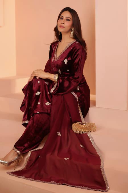 Karaj Jaipur Wine Velvet Kurta Set 