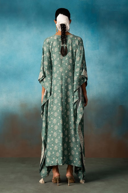 Karaj Jaipur Green Printed Long Kaftan 