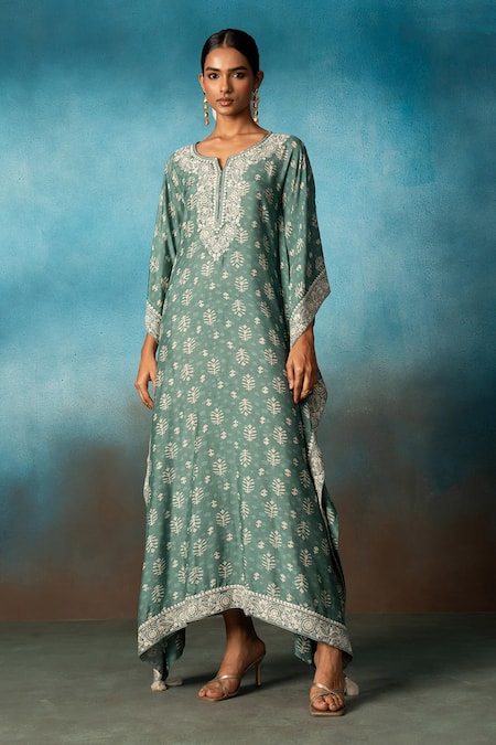Karaj Jaipur Green Printed Long Kaftan 