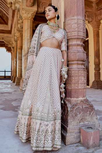 Karaj Jaipur_Peach Cotton, Organza, Muslin Embroidery Fiza Lehanga Set _at_Aza_Fashions
