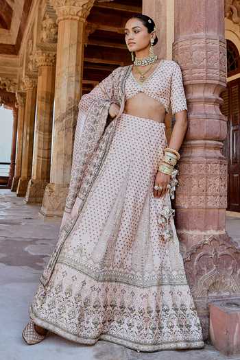 Buy_Karaj Jaipur_Peach Cotton, Organza, Muslin Embroidery Fiza Lehanga Set 