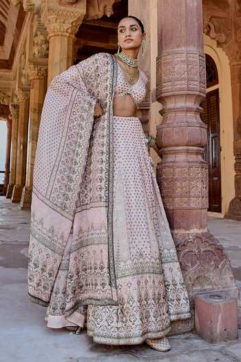 Shop_Karaj Jaipur_Peach Cotton, Organza, Muslin Embroidery Fiza Lehanga Set 