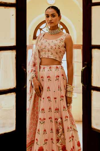 Buy_Karaj Jaipur_Pink Cotton, Organza, Muslin Embroidery Round Neck Fiza Printed Lehanga Set _Online_at_Aza_Fashions