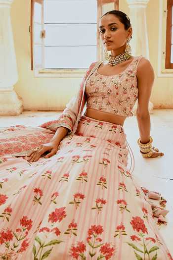 Shop_Karaj Jaipur_Pink Cotton, Organza, Muslin Embroidery Round Neck Fiza Printed Lehanga Set _Online_at_Aza_Fashions