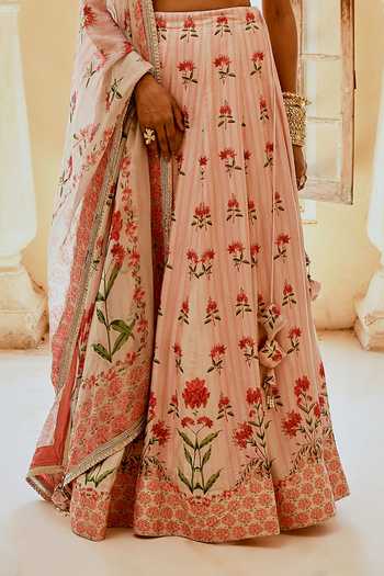 Karaj Jaipur_Pink Cotton, Organza, Muslin Embroidery Round Neck Fiza Printed Lehanga Set _at_Aza_Fashions