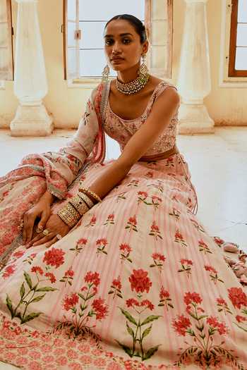 Buy_Karaj Jaipur_Pink Cotton, Organza, Muslin Embroidery Round Neck Fiza Printed Lehanga Set 