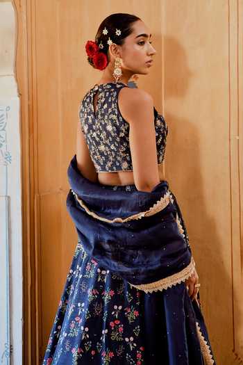 Buy_Karaj Jaipur_Blue Organza Embroidery Halter Neck Fiza Floral Lehenga Set _Online_at_Aza_Fashions