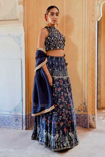 Karaj Jaipur_Blue Organza Embroidery Halter Neck Fiza Floral Lehenga Set _at_Aza_Fashions