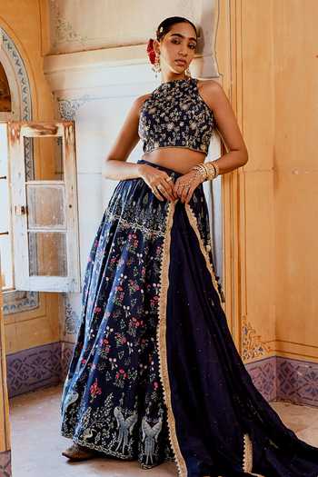 Buy_Karaj Jaipur_Blue Organza Embroidery Halter Neck Fiza Floral Lehenga Set 