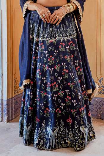 Shop_Karaj Jaipur_Blue Organza Embroidery Halter Neck Fiza Floral Lehenga Set 