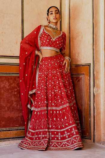 Karaj Jaipur_Red Cotton, Organza, Muslin Embroidery Scoop Neck Fiza Bandhani Lehanga Set _at_Aza_Fashions