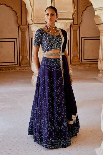 Buy_Karaj Jaipur_Navy Muslin, Organza Embroidery, Tassels Round Fiza Blue Bandhani Lehanga Set _Online_at_Aza_Fashions