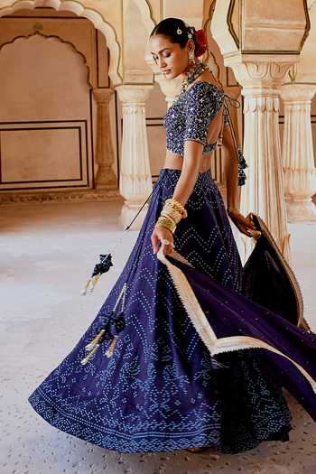 Buy_Karaj Jaipur_Navy Muslin, Organza Embroidery, Tassels Round Fiza Blue Bandhani Lehanga Set 