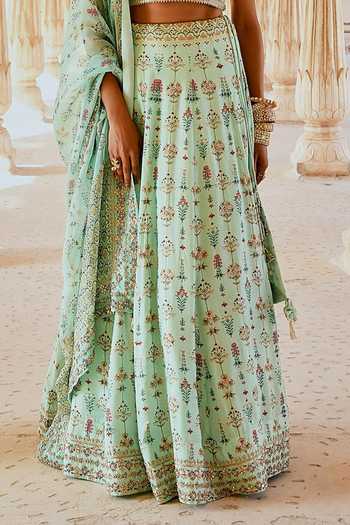 Shop_Karaj Jaipur_Mint Cotton, Organza, Muslin Embroidery V-neck Fiza Green Printed Lehenga Set _Online_at_Aza_Fashions