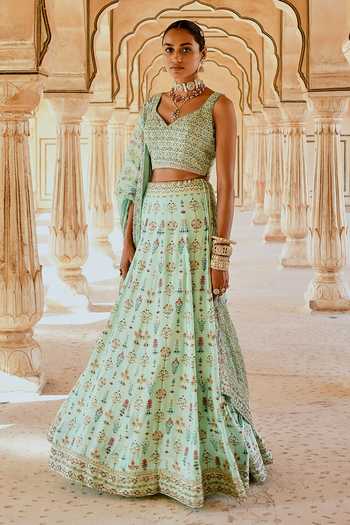 Karaj Jaipur_Mint Cotton, Organza, Muslin Embroidery V-neck Fiza Green Printed Lehenga Set _at_Aza_Fashions