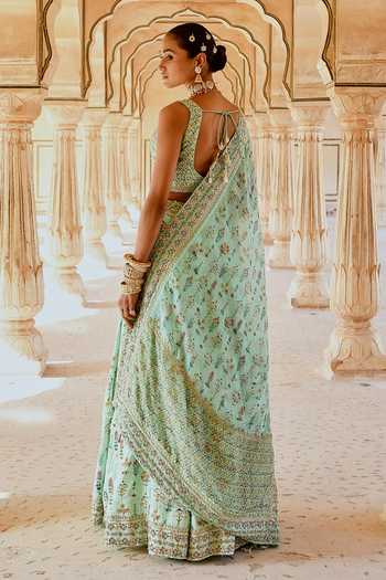 Buy_Karaj Jaipur_Mint Cotton, Organza, Muslin Embroidery V-neck Fiza Green Printed Lehenga Set 