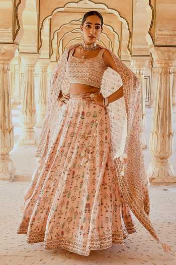 Karaj Jaipur_Peach Cotton, Organza, Muslin Embroidery Fiza Printed And Lehenga Set _Online_at_Aza_Fashions
