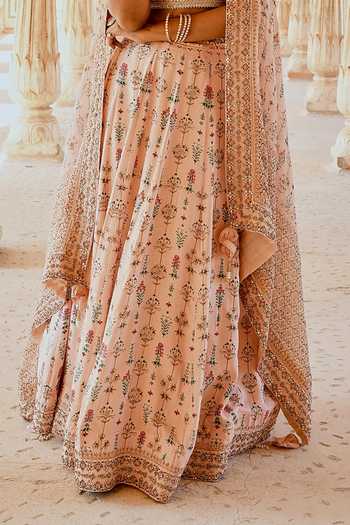 Buy_Karaj Jaipur_Peach Cotton, Organza, Muslin Embroidery Fiza Printed And Lehenga Set _Online_at_Aza_Fashions