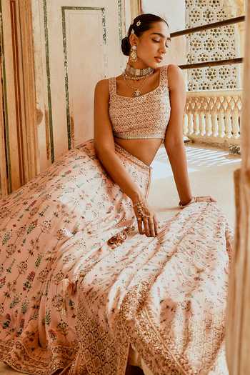 Shop_Karaj Jaipur_Peach Cotton, Organza, Muslin Embroidery Fiza Printed And Lehenga Set _Online_at_Aza_Fashions